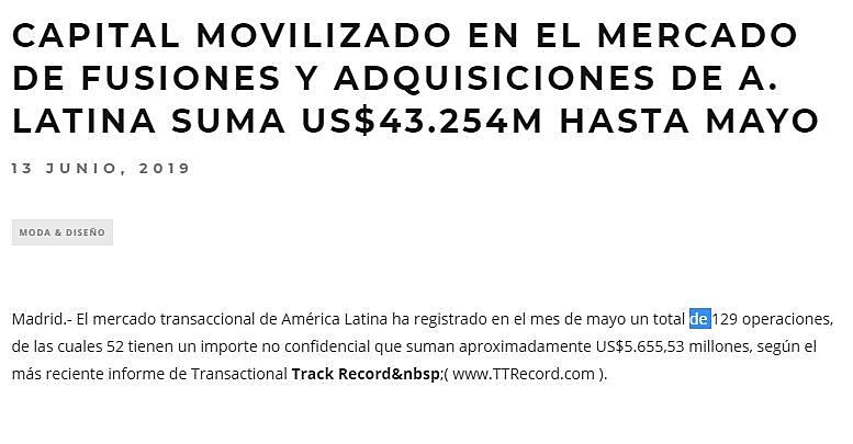 Capital movilizado en el mercado de fusiones y adquisiciones de A. Latina suma US$43.254M hasta mayo